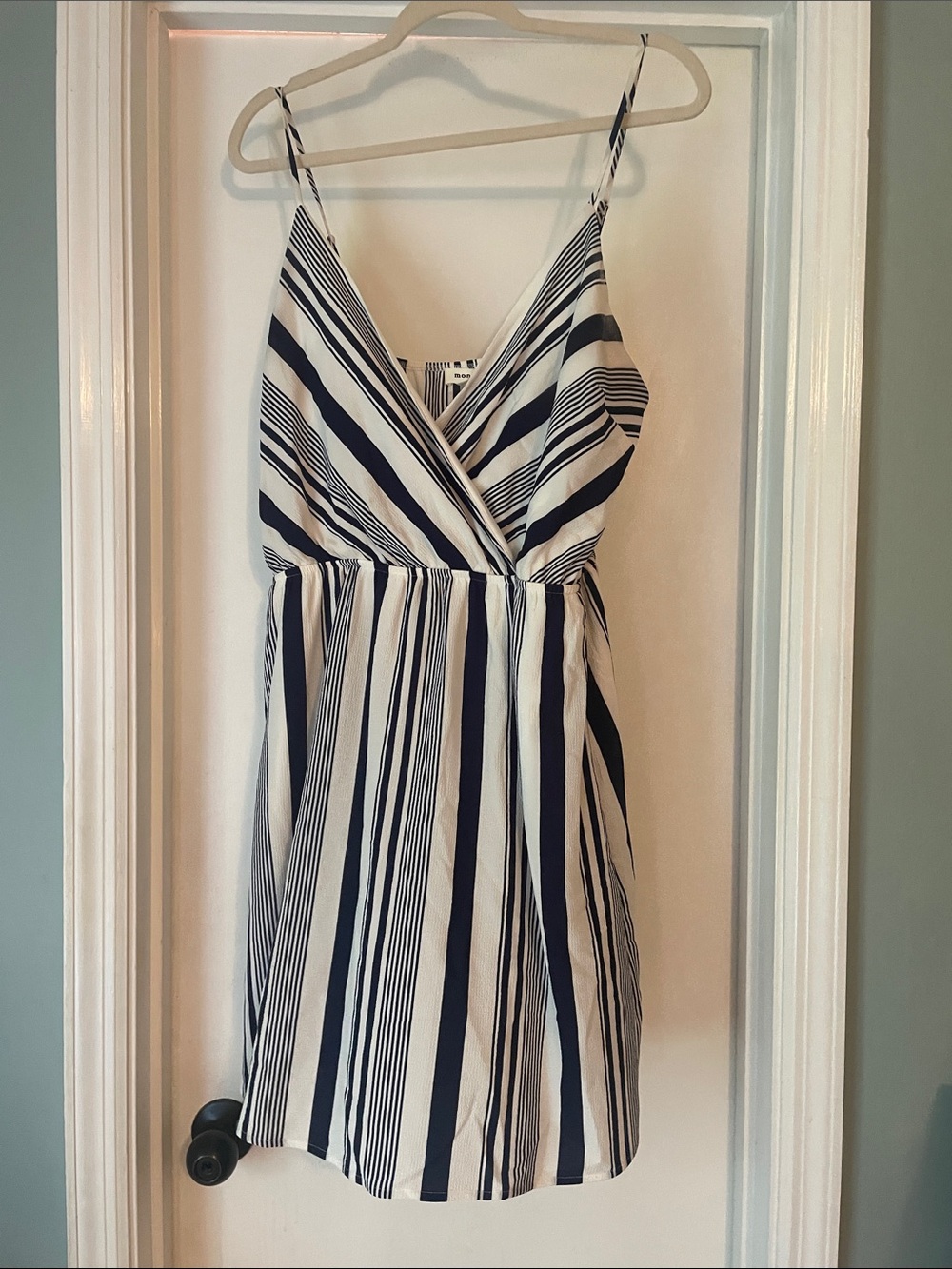 Monteau Navy and White Striped Wrap Mini Dress